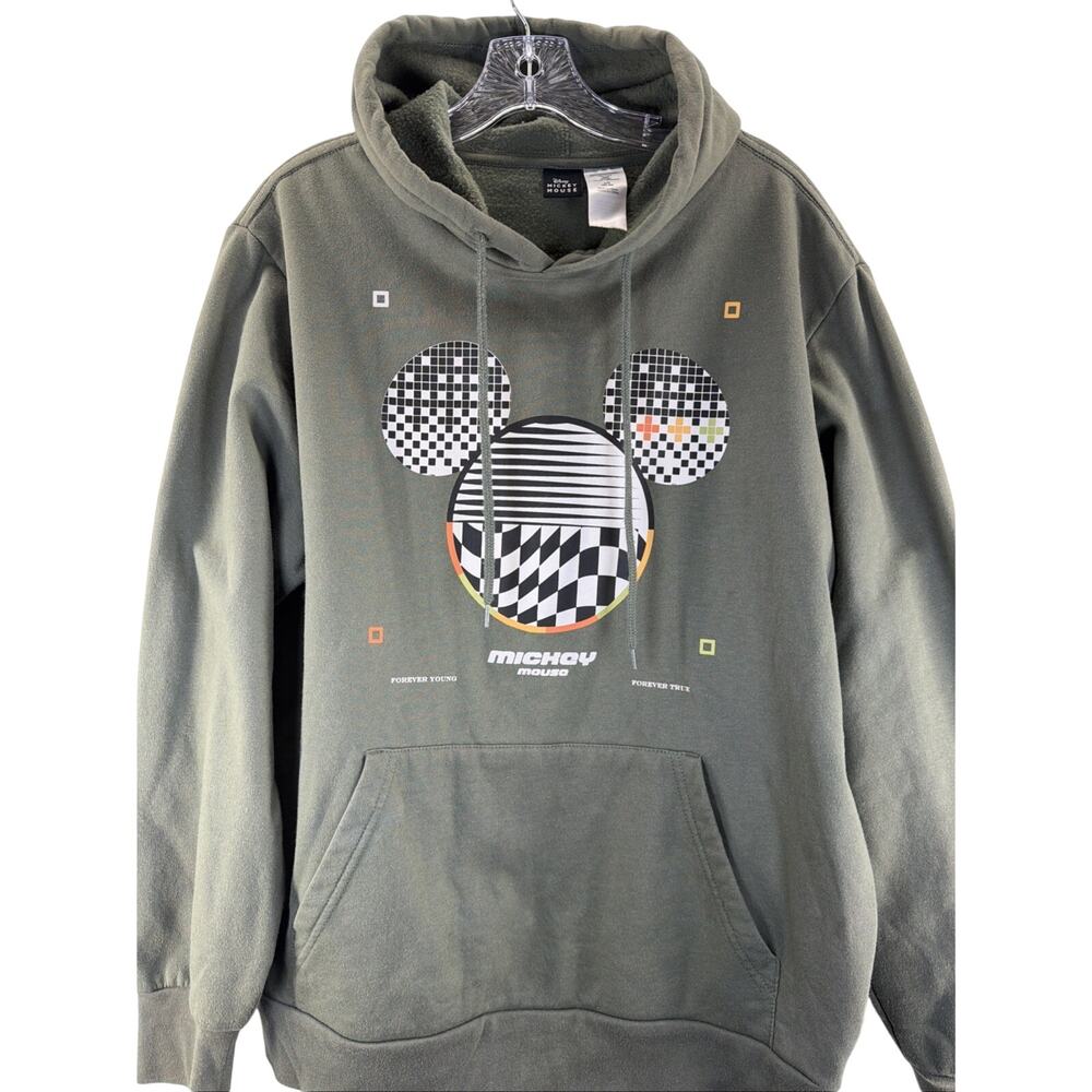 DISNEY Mickey Mouse Hoodie Mens Large Green Forever Young True Graphic Pullover